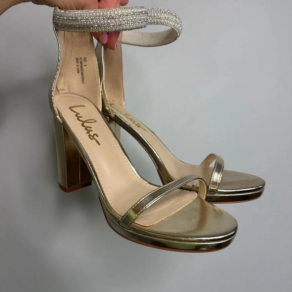 Lulus Cute Pearly Gold Metallic High Heels Block Heel - Picture 12 of 12